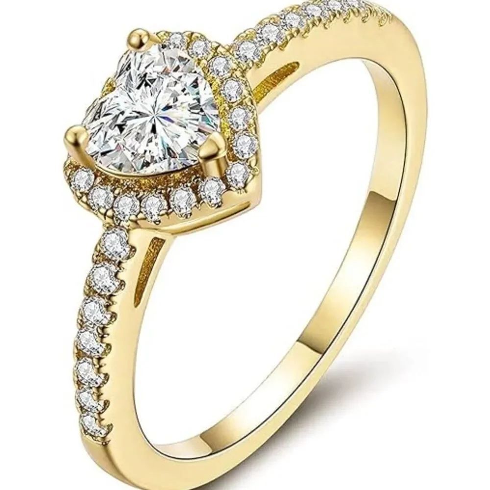 18K Yellow Gold and White Diamond Cubic Zirconia Halo Heart Engagement Ring
